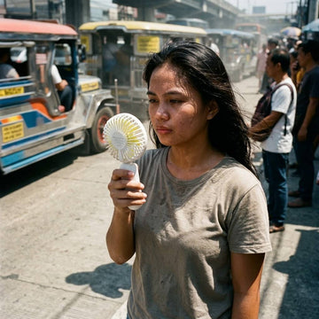 JISULIFE FA15 mini fan held up during a hot Manila heatwave commute