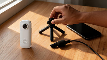 An affordable vlogging kit with action camera, tripod and clip mic on a desk
