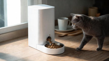 White Petkit automatic feeder dispensing kibble into a stainless bowl as a cat approaches in a Filipino kitchen