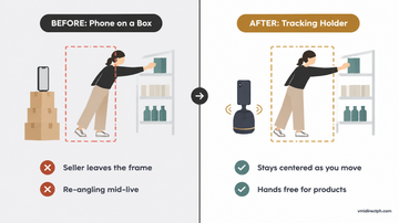 Live selling before and after: seller leaving a phone propped on boxes vs AI tracking holder keeping the seller centered
