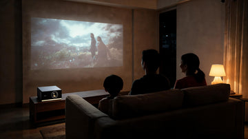 Wanbo Android projector showing a movie on the wall in a Filipino living room at night