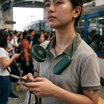 JISULIFE FA15 transformable fan worn as a neck fan by a Manila MRT commuter