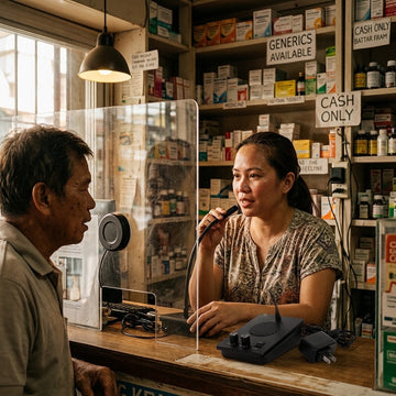 Filipino pharmacist using a window intercom microphone to communicate clearly through an acrylic pharmacy counter barrier