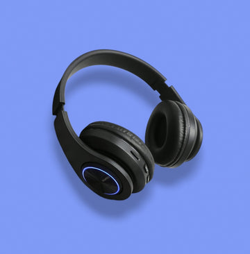 Black over-ear headphones with glowing blue light
