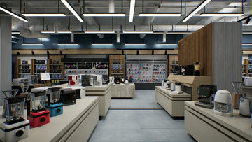 Modern retail store interior with kitchen appliances on display