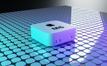 A white square computer on a grid of reflective blue and purple tiles