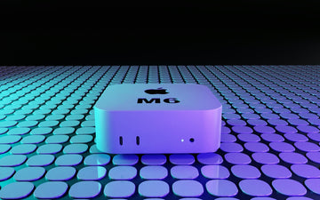 A square computer device with a logo on a grid of glowing purple tiles