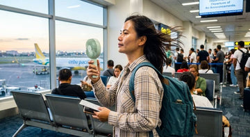 Portable hand fan JISULIFE FA43 clipped to a backpack at a Philippine airport gate