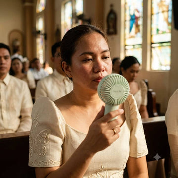 Portable hand fan JISULIFE FA43 used discreetly by a guest at a Filipino church wedding