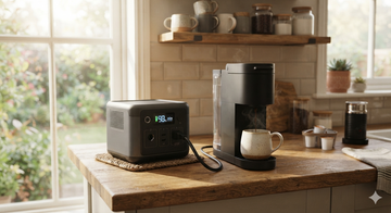 Portable power station on a kitchen counter powering a coffee maker, showing real-world appliance compatibility.
