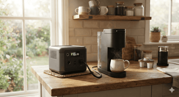 Portable power station on a kitchen counter powering a coffee maker, showing real-world appliance compatibility.