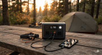 Portable power station on a picnic table at a campsite, illustrating how to size the right capacity for camping use.