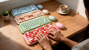 A pastel Mofii wireless keyboard and mouse on a student's desk