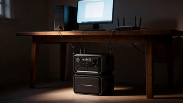 EcoFlow power station keeping a home-office PC and router running during a brownout