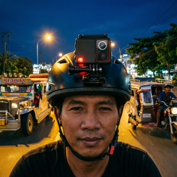 Motovlogger riding at night in the Philippines with SJCAM SJ30 action camera mounted on helmet capturing low-light footage
