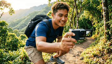 Filipino traveler using SJCAM SJ30 dual lens action camera on a mountain trail in the Philippines during golden hour