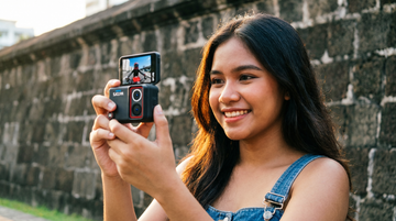 Filipino female vlogger using SJCAM SJ30 flip screen to record herself outdoors in Intramuros Manila