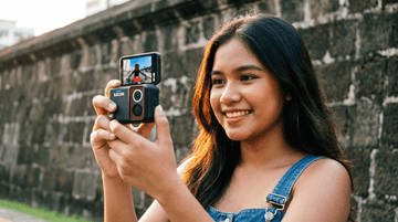 Filipino female vlogger using SJCAM SJ30 flip screen to record herself outdoors in Intramuros Manila