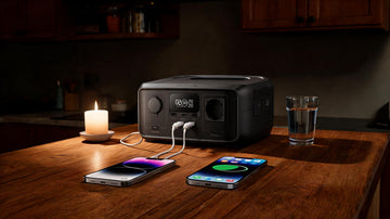EcoFlow RIVER 3 charging phones on a kitchen counter during a Philippine brownout