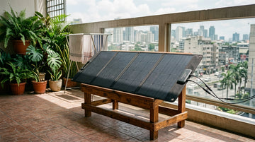 Foldable solar panel angled on a stand on a Metro Manila condo balcony