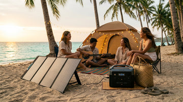 Filipino friends at a beach campsite with a foldable solar panel and power station at dusk