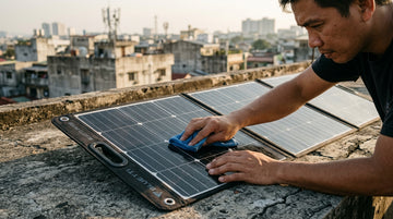 Hands wiping dust off a foldable solar panel on a Manila rooftop