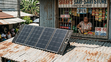 Foldable solar panel on a sari-sari store tin roof during a brownout in the Philippines