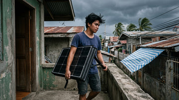 Foldable solar panel carried indoors before a Philippine typhoon as storm clouds gather