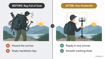 Solo travel vlogging setup before and after: overstuffed gear bag missing the sunrise vs one-pocket gimbal kit tracking the traveler