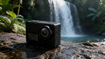 SJCAM SJ8 Plus action camera resting on a wet rock beside a Philippine waterfall