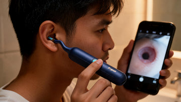 Safely holding a Bebird ear wax removal camera at a shallow angle to the ear
