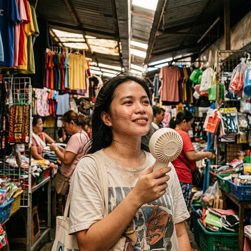 Strongest portable hand fan, JISULIFE FA43 held up in a crowded Divisoria market