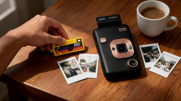 Kodak Charmera and Fujifilm Instax Mini LiPlay cameras with printed photos on a desk