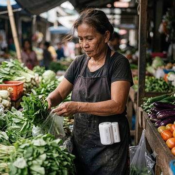 Older Filipina market vendor wearing a 3Life waist clip fan on her apron at the palengke