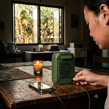 3Life S164 waist clip fan charging a phone during a Philippine brownout