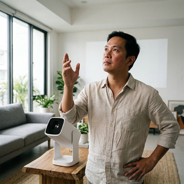 Wanbo Cube 1's built-in 360-degree gimbal stand compared to ceiling and tripod mounting options