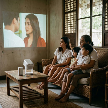 Wanbo Cube 1 Android projector streaming iWantTFC to a Filipino family in their living room