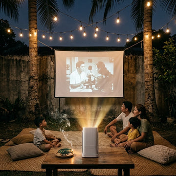 Wanbo Cube 1 portable projector set up for an outdoor movie night in a Filipino backyard