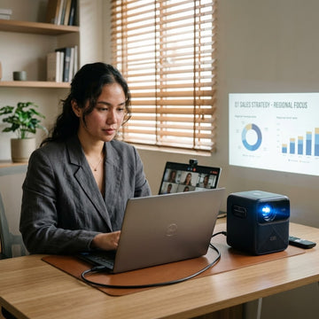 Wanbo Mozart 1 Pro 2025 projector used for a work-from-home client presentation