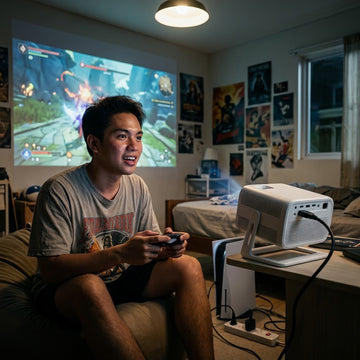 Gaming on a large screen projected by a Wanbo Vali 1 Gimbal projector connected via HDMI