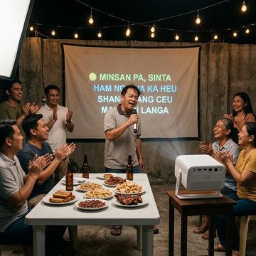 Wanbo Vali 1 Gimbal projector powering a backyard videoke party in the Philippines