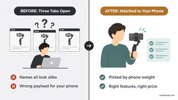 Which Hohem gimbal to buy before and after: buyer comparing three look-alike gimbals in browser tabs vs gimbal matched to phone weight