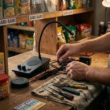 Technician tracing window intercom cabling behind a counter to fix static and feedback issues