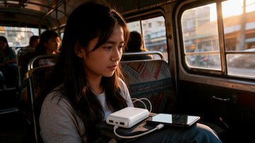 Commuter charging a phone from a slim power bank inside a Manila jeepney at golden hour