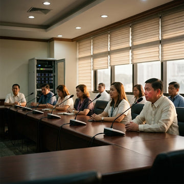 XTUGA A800 wireless conference microphone set in a large Philippine government office hall