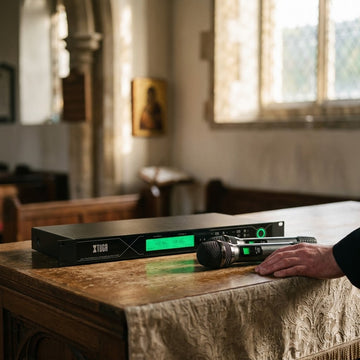 XTUGA AR-7 and RG-3 handheld wireless microphones on a Philippine church altar table