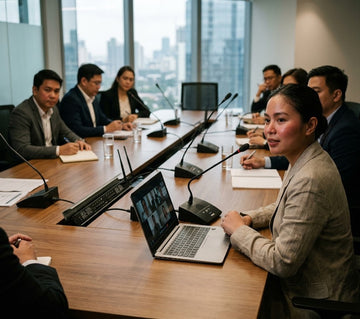 XTUGA CM280 8-channel gooseneck conference microphone system on a Metro Manila boardroom table