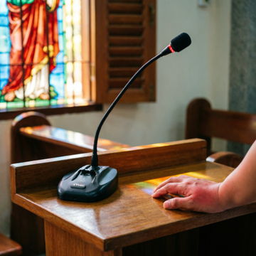 XTUGA ES357 gooseneck microphone with double reverb on a church podium