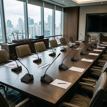 Multiple XTUGA gooseneck conference microphones spaced along a 12-seat boardroom table