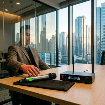 XTUGA XM200 true diversity wireless microphone in a glass-walled Metro Manila conference room
